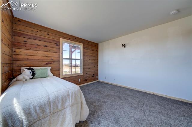 19350 Lemesany Road Calhan, CO 80808 - Photo 28 of 46 Bedroom featuring carpet flooring and wooden walls