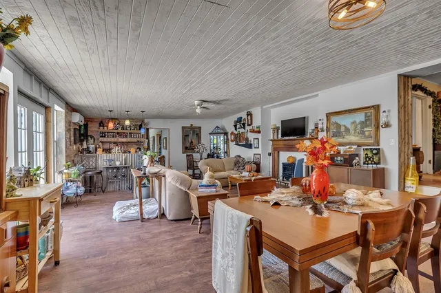 a view of a dining room with furniture