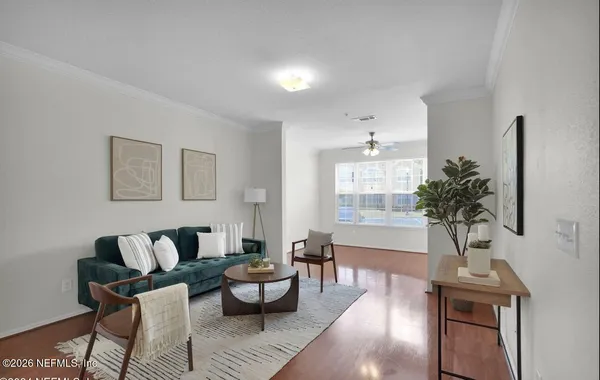 a living room with furniture potted plant and a window