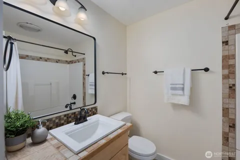 a bathroom with a sink toilet and shower