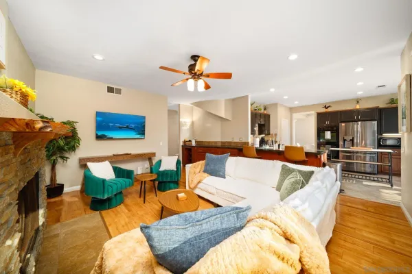 a living room with furniture a rug and a fireplace