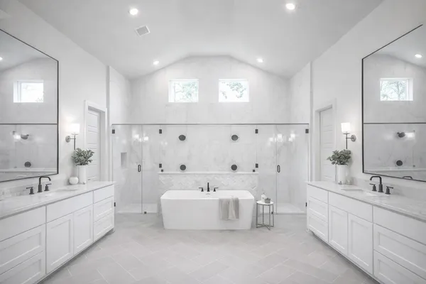a spacious bathroom with double vanity a mirror a lamp and a bathtub