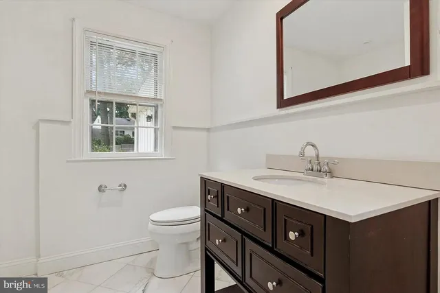 a bathroom with a sink vanity and a toilet