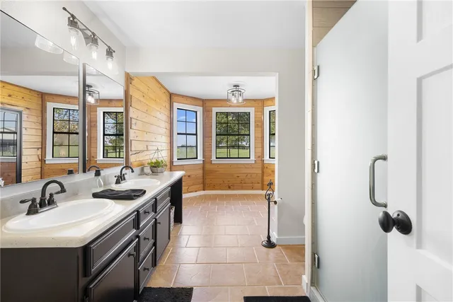 a bathroom with a double vanity sink a mirror and a shower