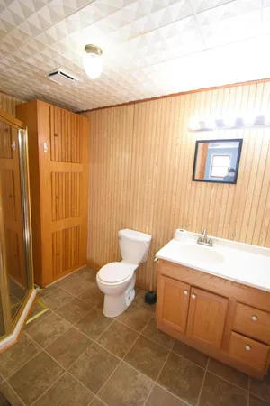 a bathroom with a sink a toilet and shower