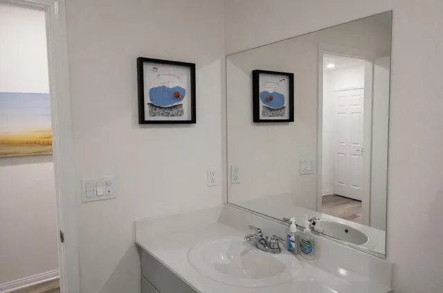 a bathroom with a sink and a mirror