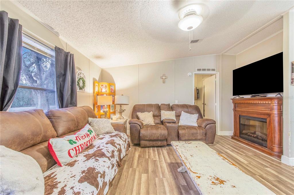 2747 Old Bartow Road Lake Wales, FL 33859 - Photo 7 of 30 a living room with couches a flat screen tv and a fireplace