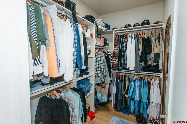 a view of walk in closet with clothes and shoes