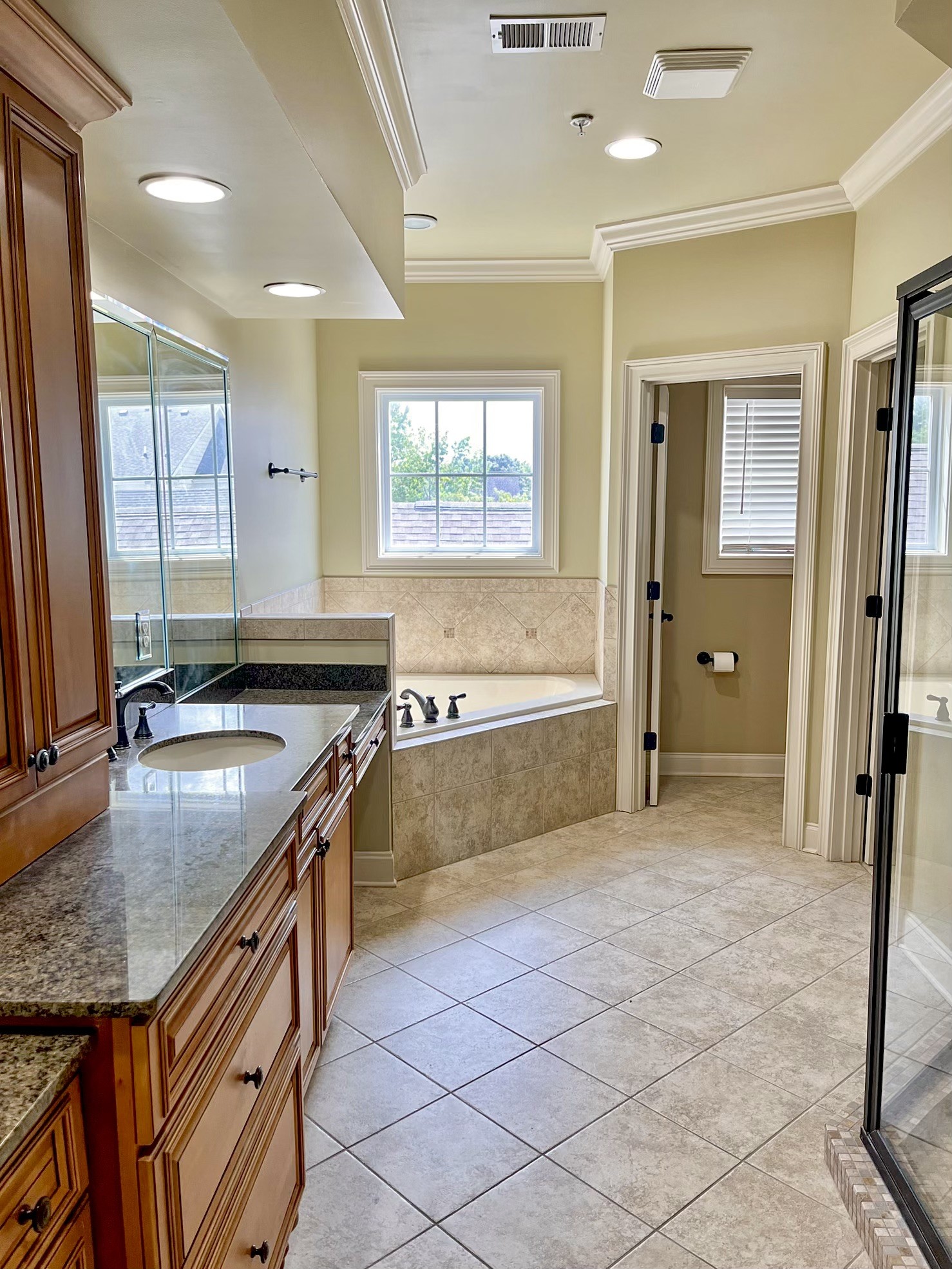 4205 Prestwick Place Spring Hill, TN 37174 - Photo 9 of 12 a bathroom with a granite countertop sink a large mirror and a bathtub
