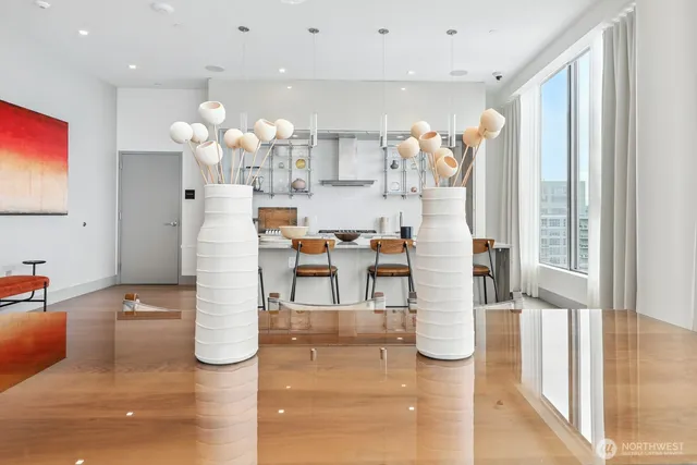 a view of a dining room with furniture window and outside view