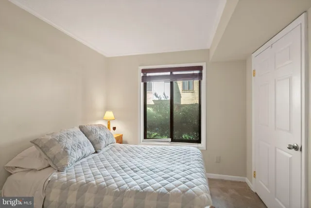 a bedroom with a large bed and a window