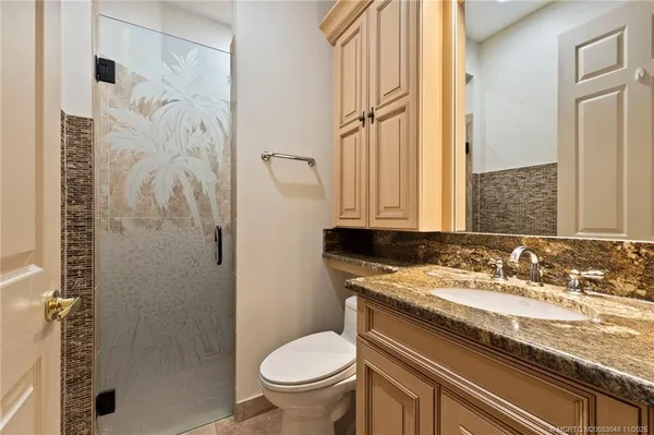a bathroom with a granite countertop sink toilet and shower