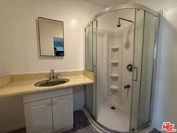 a view of a garage with storage