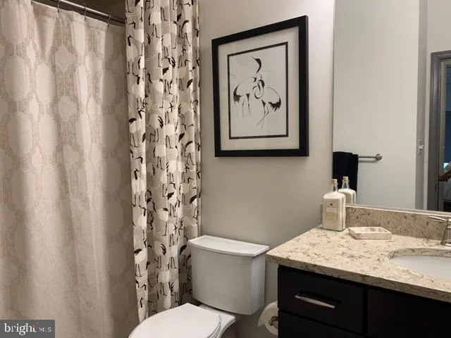 a bathroom with a granite countertop sink and a toilet