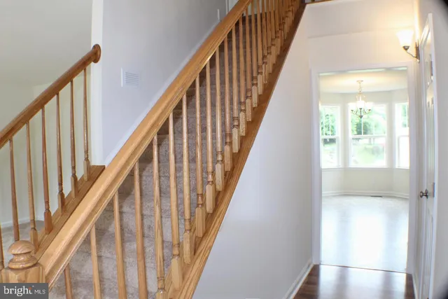 a view of staircase with lots of frames on wall and wooden floor