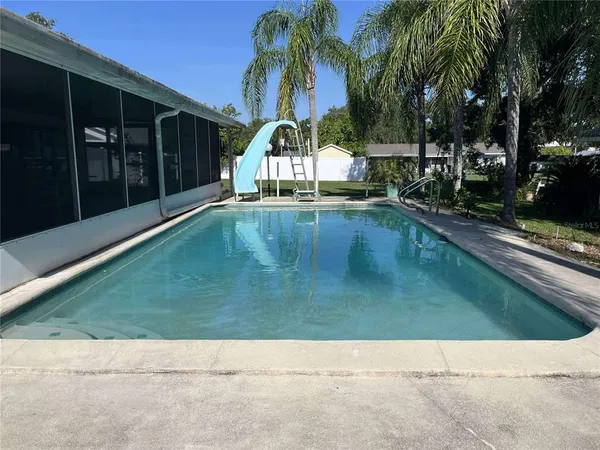 a view of a backyard with a swimming pool