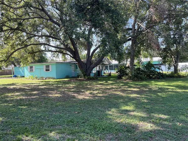 a view of a tree in front of a house with a big yard