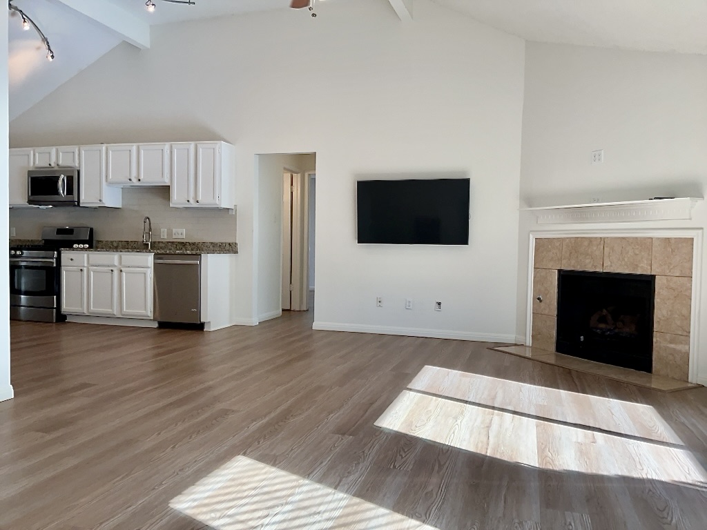 16912 Village Oak Loop Austin, TX 78717 - Photo 4 of 15 a living room with stainless steel appliances furniture a fireplace a flat screen tv and a fireplace