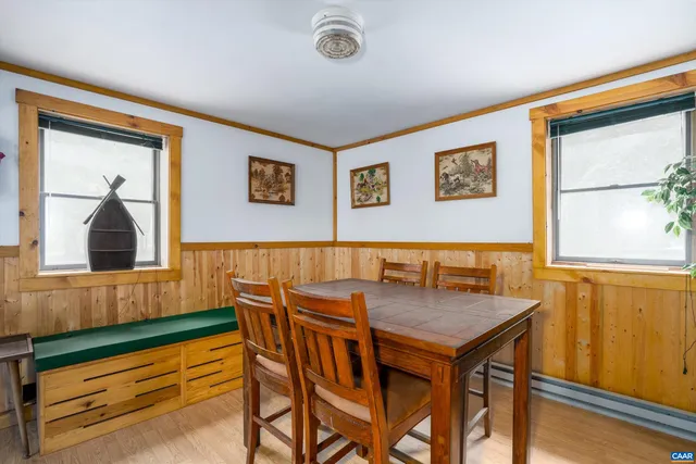 a view of a dining room with furniture and window
