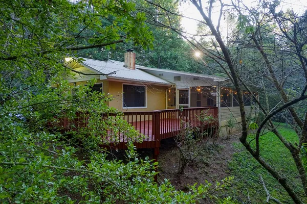 a view of a house with a yard and potted plants