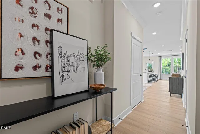 a view of a hallway with workspace