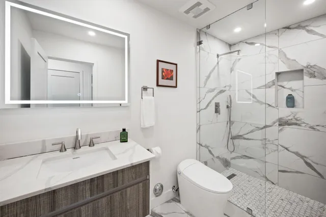 a bathroom with a shower and a toilet