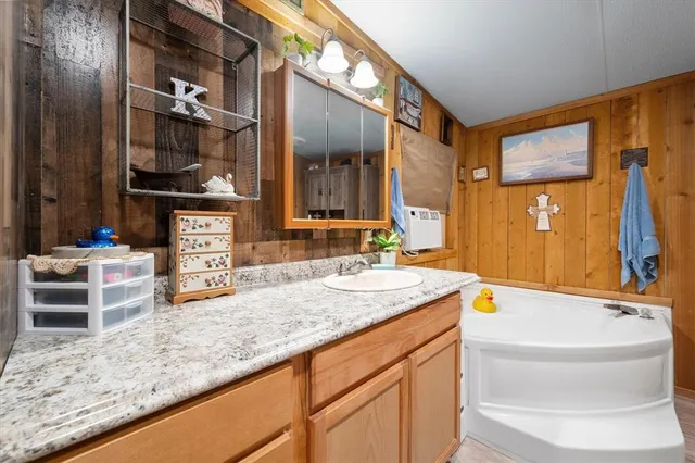 a bathroom with a granite countertop sink and a mirror