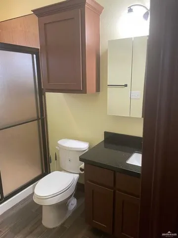 a bathroom with a sink a toilet and mirror