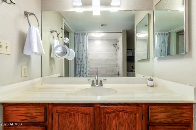 a bathroom with a sink and a mirror