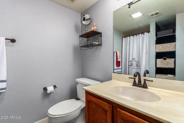 a bathroom with a sink vanity toilet and shower