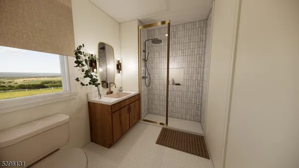 a bathroom with a shower a sink and a mirror