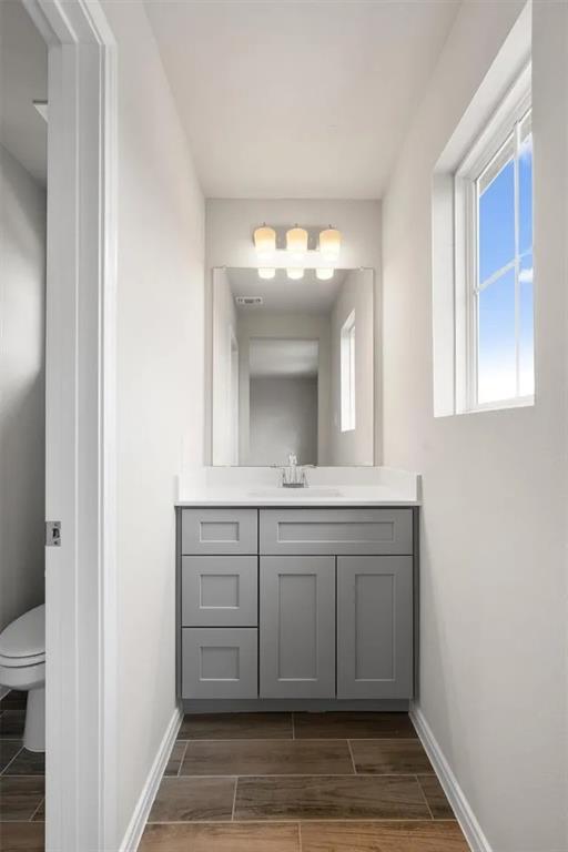332 Stellar Wind Drive Georgetown, TX 78628 - Photo 2 of 29 A window-lit bathroom with a stylish gray vanity and rich wood-look tile flooring.