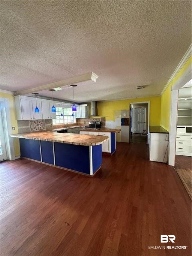 9151 Old Mobile Road Daphne, AL 36527 - Photo 5 of 23 Kitchen featuring kitchen peninsula, dark hardwood / wood-style flooring, pendant lighting, and a textured ceiling