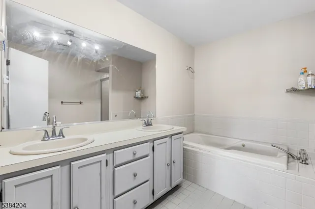 a bathroom with a sink a large mirror and a bathtub
