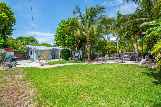 a backyard of a house with plants and tree