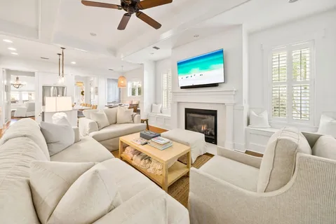 a living room with furniture fireplace and a flat screen tv