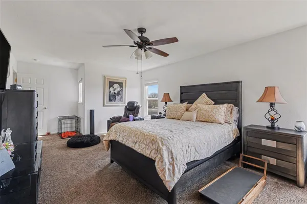a bedroom with a bed and ceiling fan