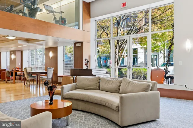 a view of a garden with sitting area