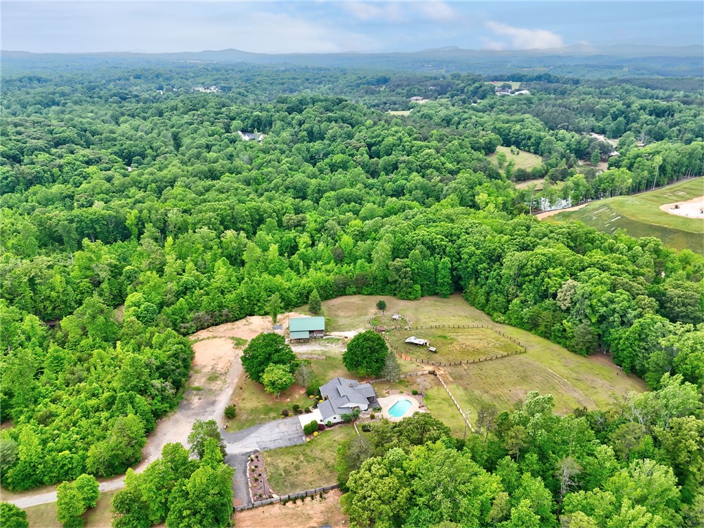 433 Latham Road Easley, SC 29640 - Photo 38 of 50 An aerial perspective reveals a serene estate with a private pool and ample acreage surrounded by lush woodland.