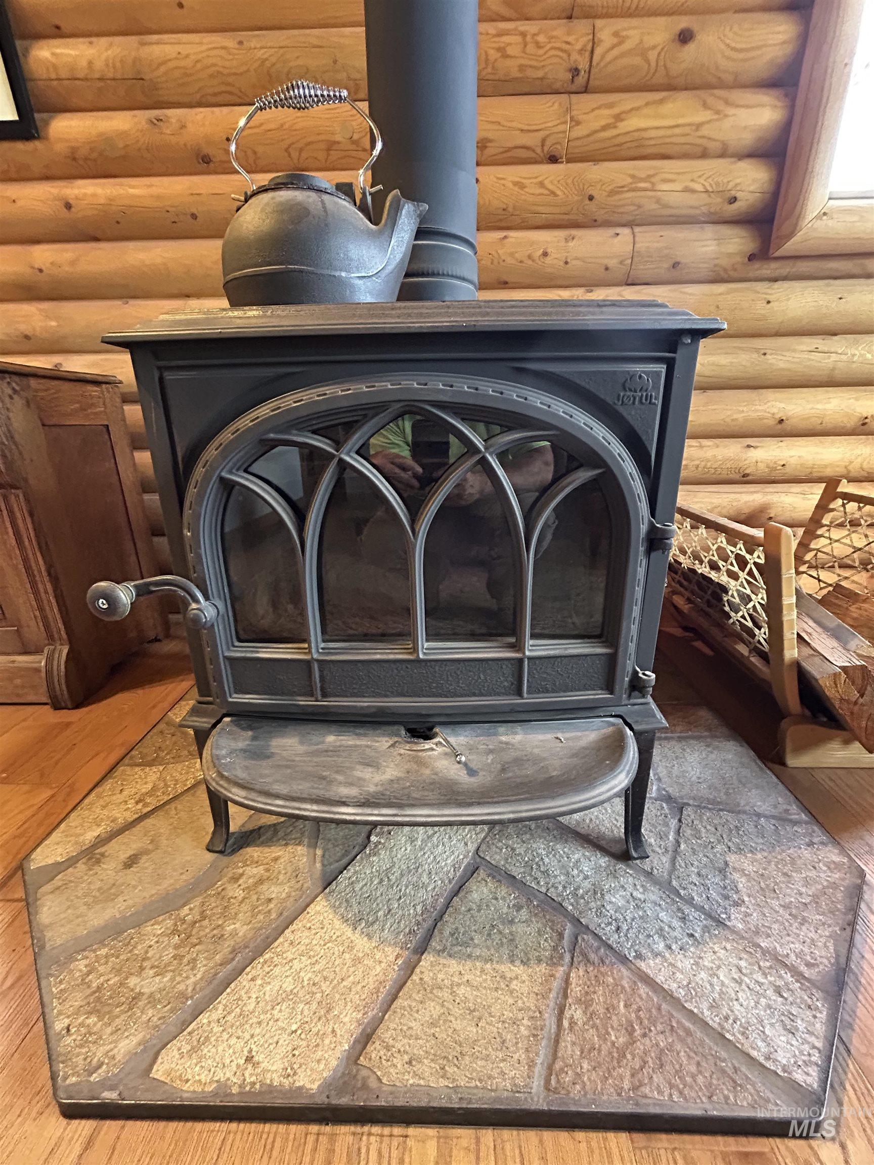 35 Sawtooth Way Stanley, ID 83278 - Photo 17 of 36 Traditional wood-burning stove featuring an ornate glass door, set on an irregular stone hearth
