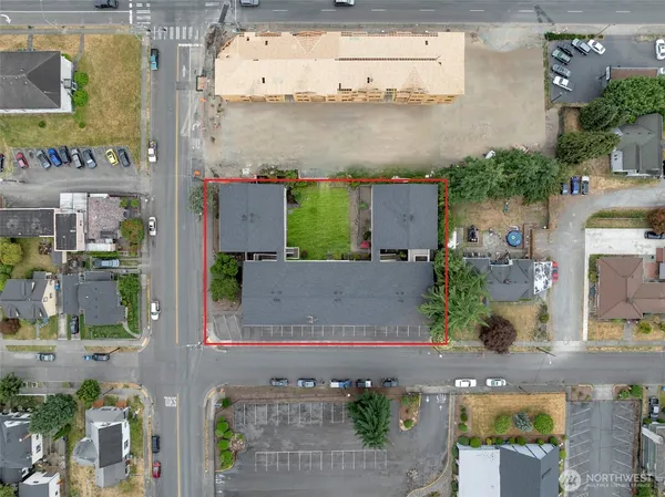 an aerial view of a house with a garden
