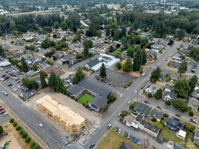 an aerial view of a house with a garden
