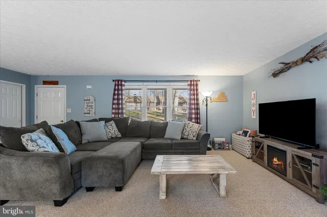 a living room with furniture and flowers