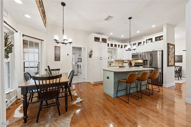 a view of a dining room with furniture