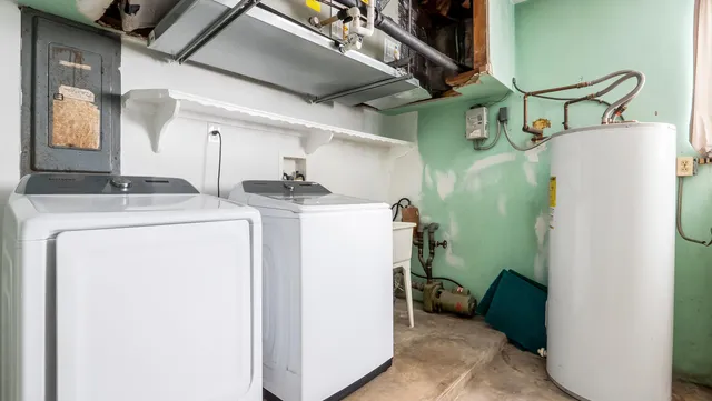 a view of a garage with storage