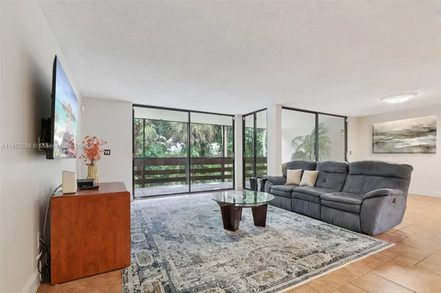 a living room with furniture windows and flat screen tv