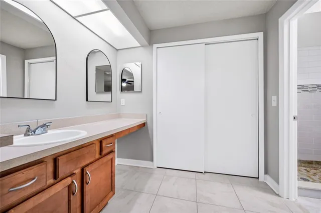 a bathroom with a sink and a mirror