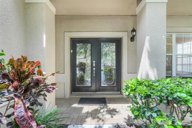 a view of a entryway door with potted plants