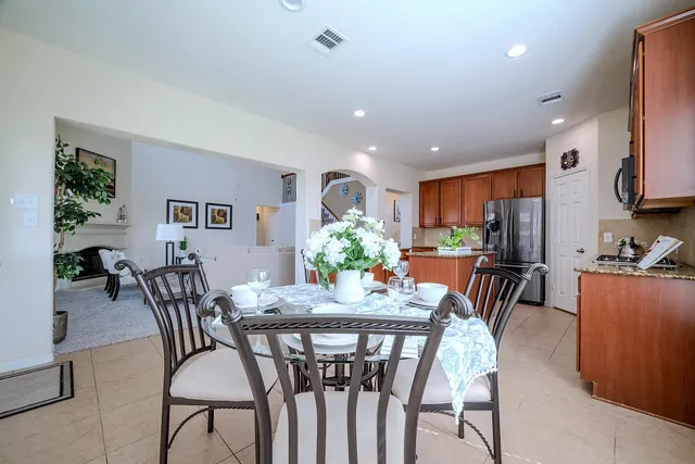 a view of a dining room with furniture