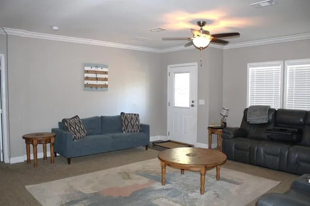 a living room with couches a fireplace and a potted plant
